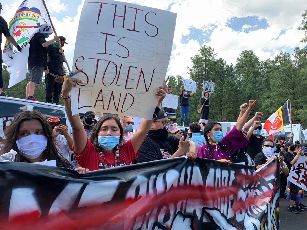 Protesters holding signs and flags at outdoor rally, with a sign reading THIS IS STOLEN LAND and others wearing masks showing solidarity